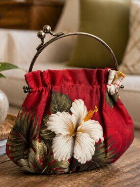 Vintage aBBa Hawaii Hibiscus Floral Clutch Kiss Lock Red Bag
